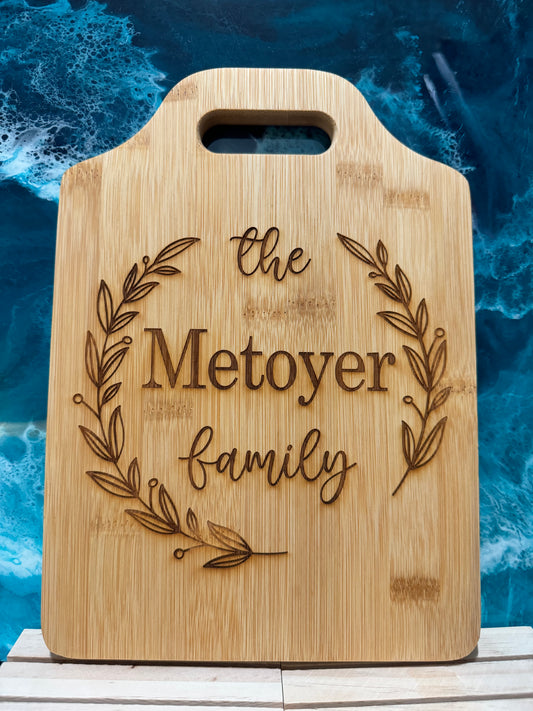 Custom Family Name 11" x 7 3/4" Bamboo Cutting Board with Handle