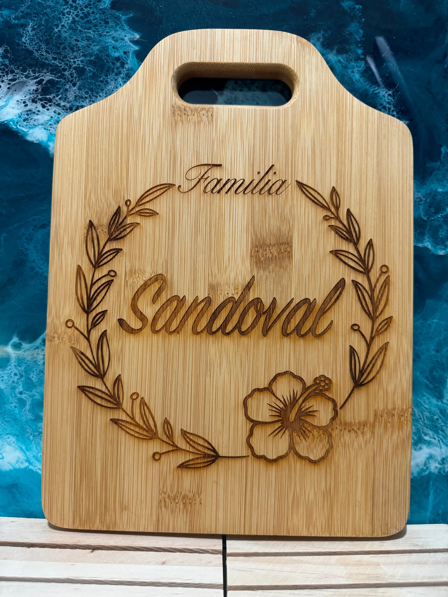 Custom Family Name 11" x 7 3/4" Bamboo Cutting Board with Handle